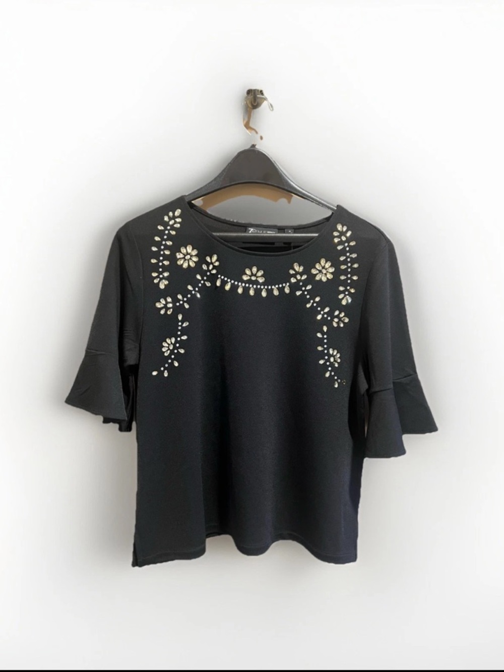 7th Avenue New York & Company Women’s Black Rhinestone Bell Sleeve Blouse M